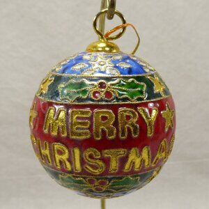 Festive Cloisonne Merry Christmas Ball Tree Ornament Gold Stars Holly Berries